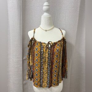 BE COOL Women’s Medallion Print Cold Shoulder Boho Blouse With Ruffle Sleeves